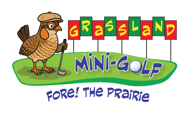 Grassland Mini-Golf - Fore the Prairie! Cartoon prairie chicken wearing a flat golf hat